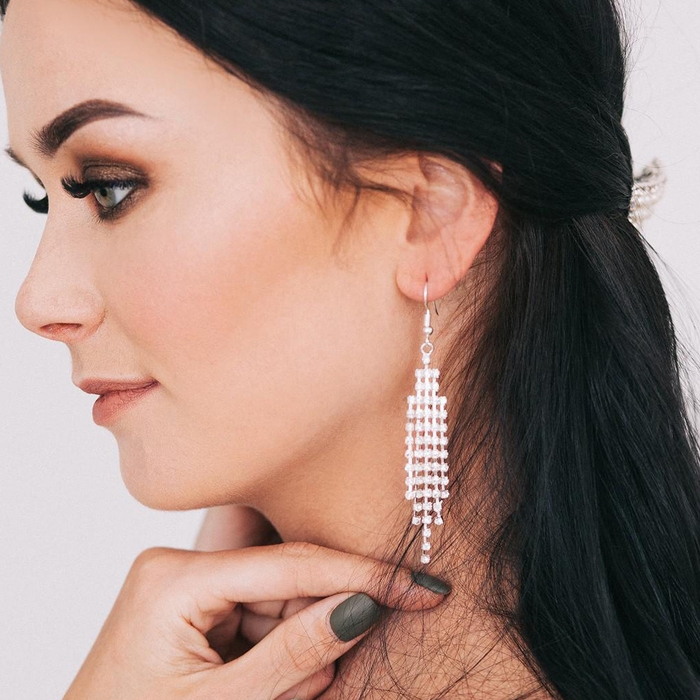 Серьги висячие со стразами Princess водопад, цвет белый в серебре, 8,5 см Серьги висячие со стразами Princess водопад, цвет белый в серебре, 8,5 см