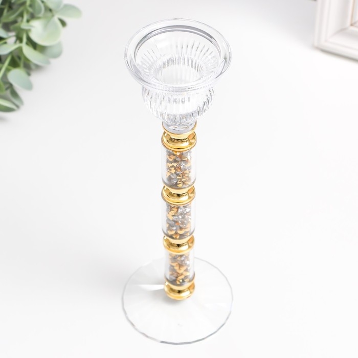 Подсвечник стекло на1 свечу Подсвечник стекло на1 свечу "Ребристый на ножке со стразами" с золотом d=2,5 см 7х7х21 см