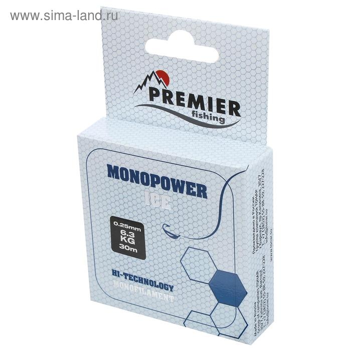 Леска PREMIER fishing MONOPOWER ICE, диаметр 0.25 мм, тест 6.3 кг, 30 м, нейлон, прозрачная Леска PREMIER fishing MONOPOWER ICE, диаметр 0.25 мм, тест 6.3 кг, 30 м, нейлон, прозрачная