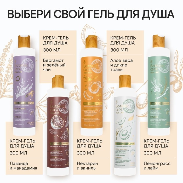 Гель для душа с маслом миндаля и витамином Е, 300 мл, аромат цветов, вишни и шёлка, BOTANIC CARE by URAL LAB Гель для душа с маслом миндаля и витамином Е, 300 мл, аромат цветов, вишни и шёлка, BOTANIC CARE by URAL LAB