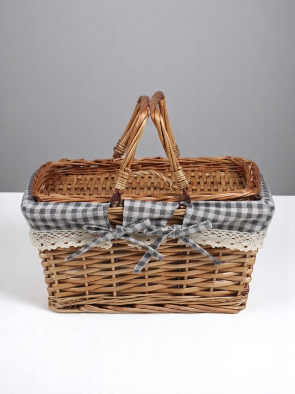 Корзина-лукошко, ткань , 2е ручки складные (внутри металл) с крышкой.  35*26 см, Н 18 см, Н с ручкам