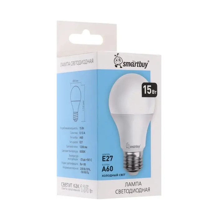 Лампа светодиодная Smartbuy, Е27, А60, 15 Вт, 6000 К, холодный белый свет