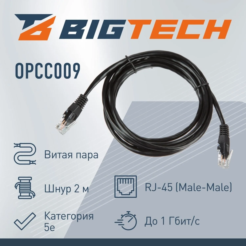 Патч-корд BigTech OPCC009 UTP CCA кат.5e/2м/литой/многожильный (черный)