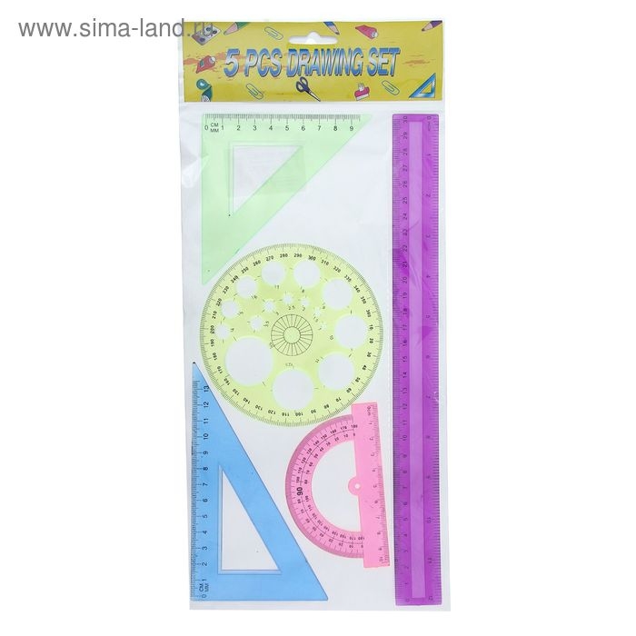 Набор геометрический, чертежный, блистер: линейка 30 см, 2 треугольника, транспортир, трафарет окружности, МИКС Набор геометрический, чертежный, блистер: линейка 30 см, 2 треугольника, транспортир, трафарет окружности, МИКС