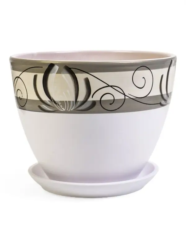 Горшок цветочный поддоном  8 л,  керамика, Лотос белый (М) Горшок цветочный поддоном  8 л,  керамика, Лотос белый (М)