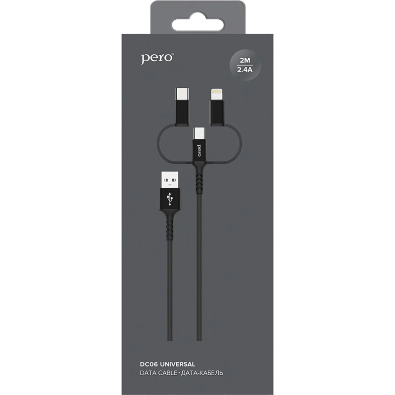 Кабель PERO, DC-06, 2.4А, 2м, Lightning/micro USB/Type-C, черный