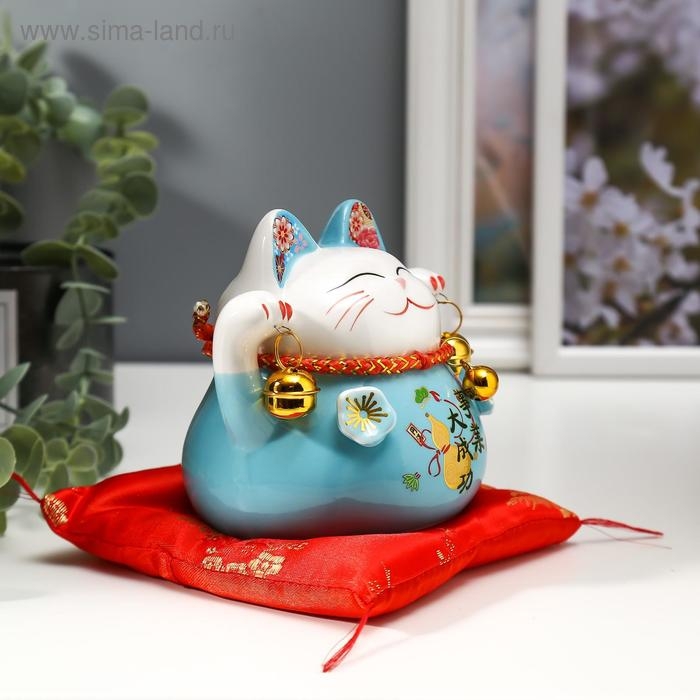 Сувенир керамика копилка Сувенир керамика копилка "Голубой кот Манэки-нэко с колокольчиками" 11,5х11,5х9,5 см