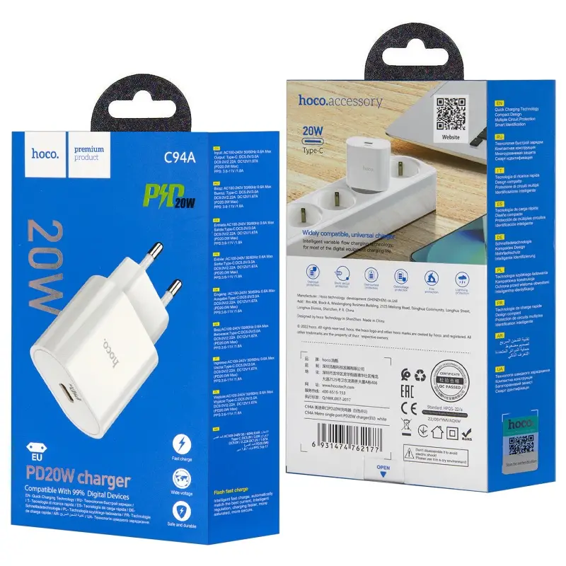 Переходник сетевого зарядного устройства на Type-C PD20W C94A HOCO белый