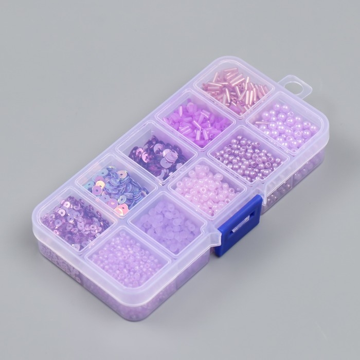 Бисер стекло 8/0, 12/0 в шкатулке  Бисер стекло 8/0, 12/0 в шкатулке "Сиреневый" бусины, стеклярус и пайетки 13х6,5х2,3 см