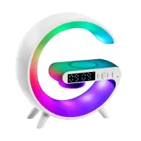 Колонка портативная - ночник G63, Bluetooth, беспроводная зарядка, часы, RGB-подсветка, 15 Вт, 1800 мАч, белая