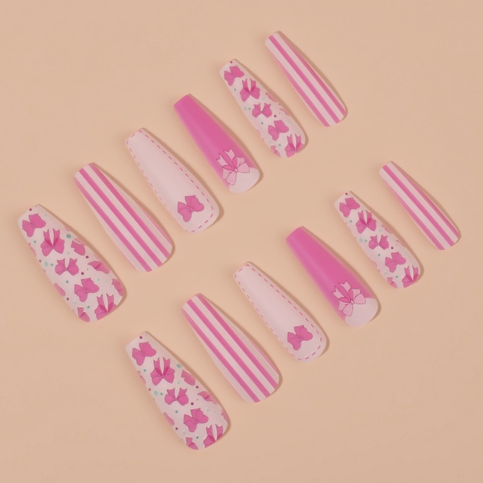 Накладные ногти «Бантики», 12 шт, с клеевыми пластинами, форма балерина, цвет белый/розовый Накладные ногти «Бантики», 12 шт, с клеевыми пластинами, форма балерина, цвет белый/розовый