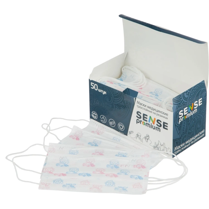 Маска медицинская 3-х сл., Sense, детская, МИШКИ, картон 50шт/уп