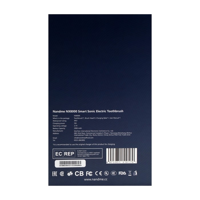 Электрическая зубная щетка Nandme NX8000, 5 режимов, АКБ, 2900 мАч, 2 насадки, белая Электрическая зубная щетка Nandme NX8000, 5 режимов, АКБ, 2900 мАч, 2 насадки, белая