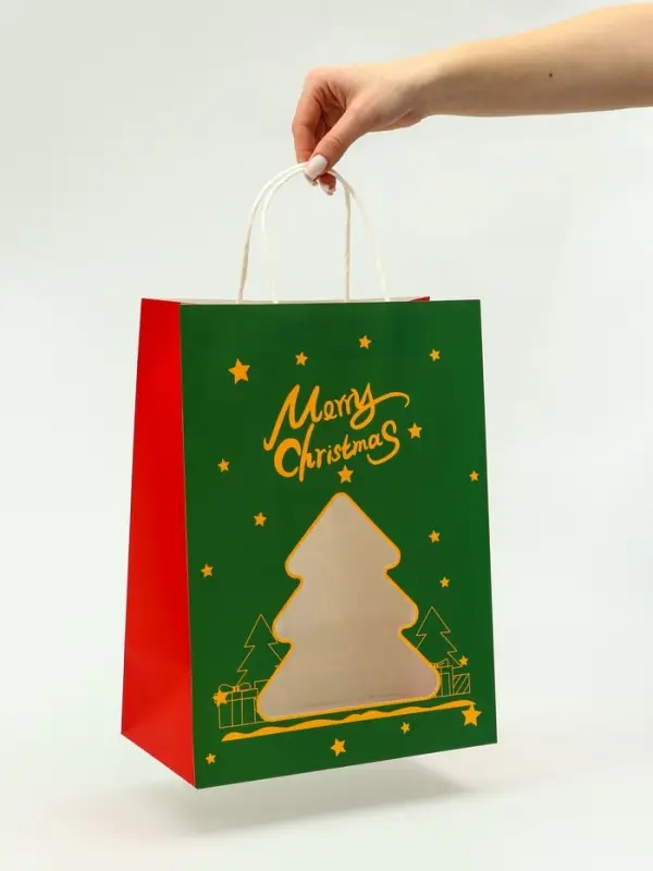 Пакет подарочный бумажный, с окном «Ёлка» 26×35×16 см, крафт зеленый Пакет подарочный бумажный, с окном «Ёлка» 26×35×16 см, крафт зеленый