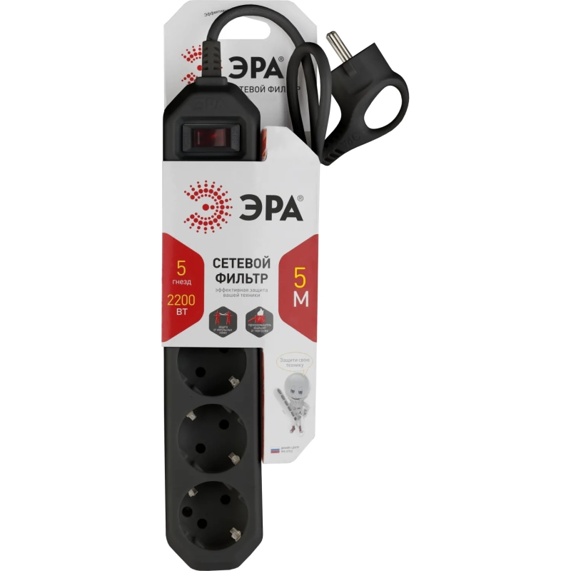 Сетевой фильтр ЭРА, 5 роз/5м/10А/2200Вт, с заземл, черный, USF-5es-5m-B