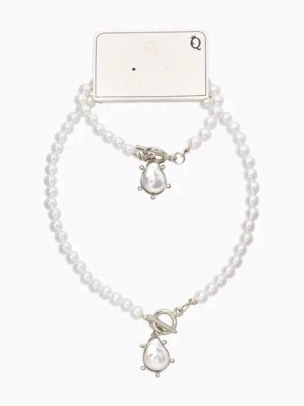 Набор 2 пред-а: колье,браслет "Жемчуг с подвеской барочной" 18/42 №8, цвет белый в серебре   1093712