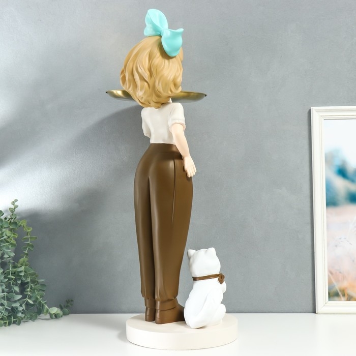 Сувенир полистоун подставка  Сувенир полистоун подставка "Девочка с голубым бантом и кошечкой" d=26 см 76х27х35 см