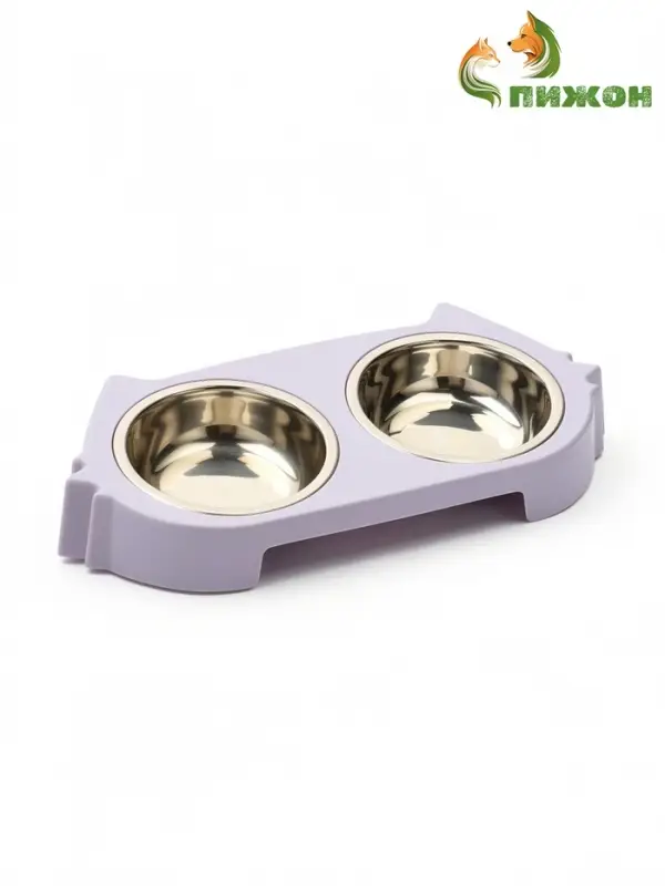 Миска двойная &laquo;Кот&raquo;, 2&times;160 мл, 30.5&times;14.9&times;5.4 см, на пластиковом основании, металл, лавандовая