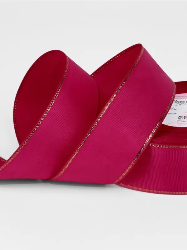Лента репсовая, с золотым люрексом, 40 мм, 23&plusmn;1 м, ярко-розовая №028