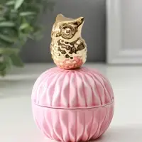 Шкатулка для украшений с крышкой &laquo;Золотой филин&raquo;, керамика, розовая, 8&times;8&times;12 см