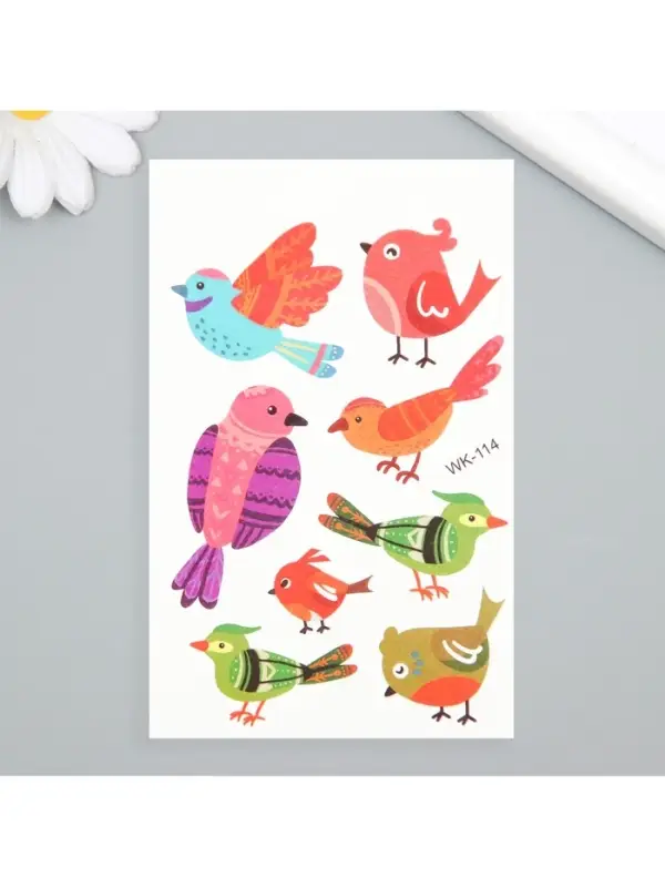 Переводные тату на тело цветные «Птички рисованные с узорами», 7.5×11 см