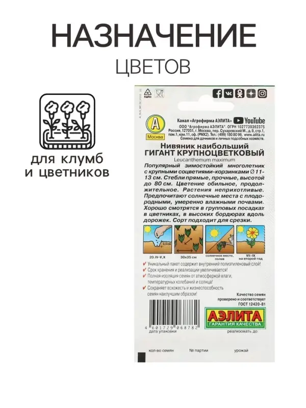 Семена цветов Нивяник  Семена цветов Нивяник "Гигант", крупноцветковый, Ц/П, 0,5 г