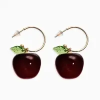 Серьги-кольца "Черешня с листочком", цвет бордовый в золоте Серьги-кольца "Черешня с листочком", цвет бордовый в золоте