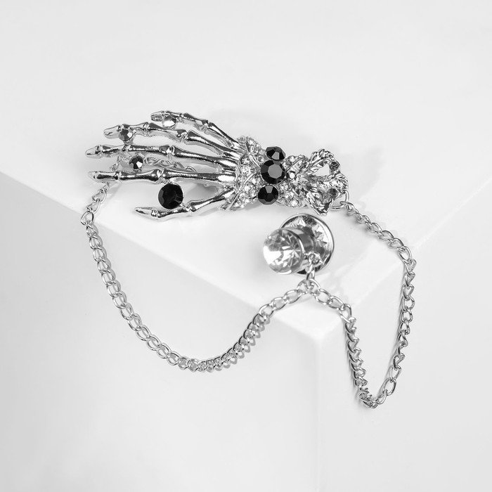 Брошь «Скелет» с цепочкой, цвет чёрно-белый в серебре Брошь «Скелет» с цепочкой, цвет чёрно-белый в серебре