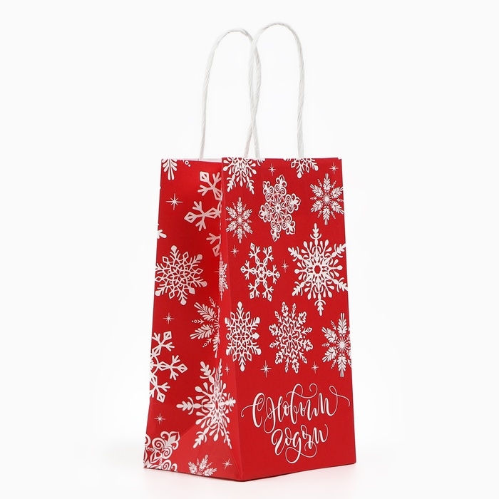 Пакет подарочный новогодний «Снежинки», белый крафт, 12 х 21 х 9 см , Новый год Пакет подарочный новогодний «Снежинки», белый крафт, 12 х 21 х 9 см , Новый год