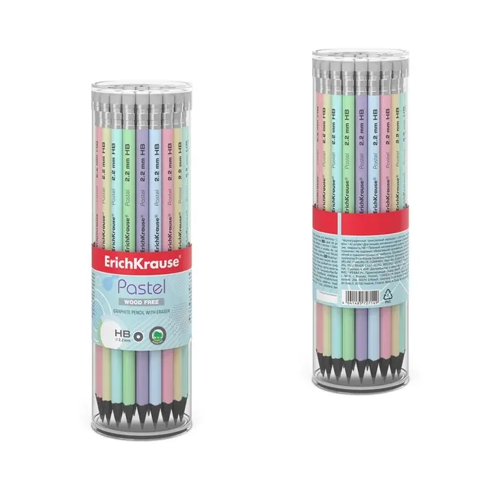 Карандаш чернографитный с ластиком ErichKrause Pastel, HB, круглый в тубусе, МИКС