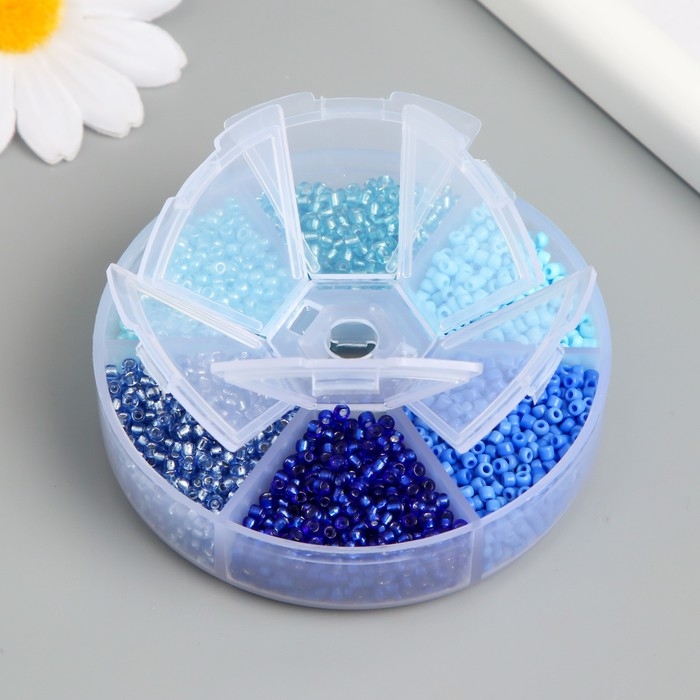 Бисер стекло 8/0 (3 мм) в шкатулке  Бисер стекло 8/0 (3 мм) в шкатулке "Синий" 6 цветов х 10  гр 8х8х2 см