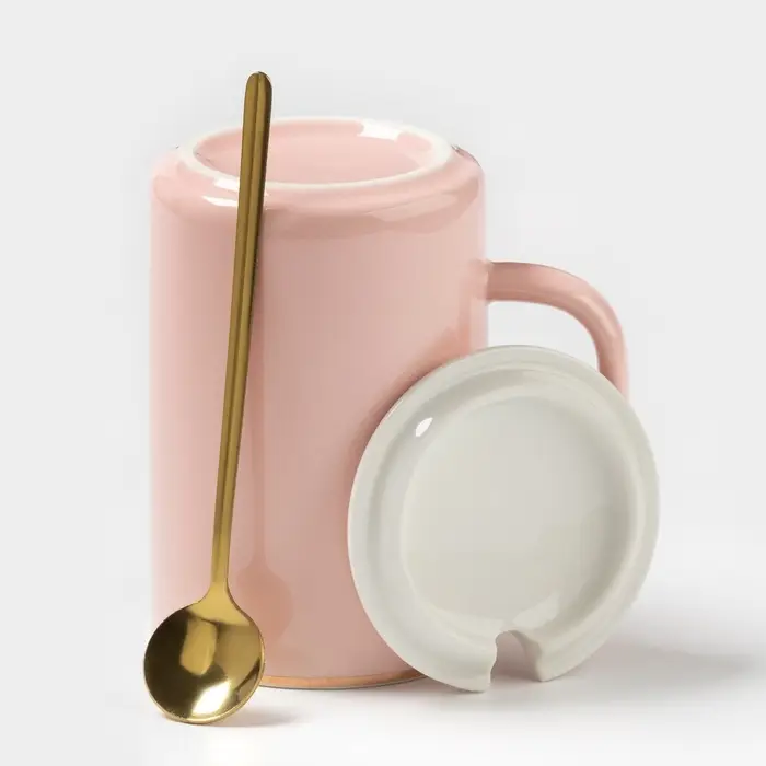 Кружка с крышкой и ложкой &laquo;Анабель&raquo;, 400 мл, керамика, рисунок МИКС