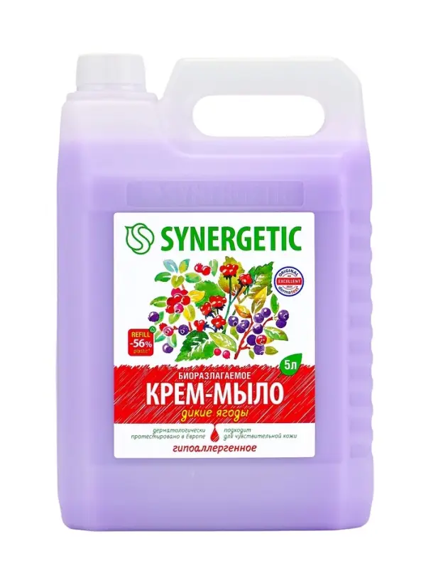 Крем-мыло жидкое биоразлагаемое для мытья рук и тела SYNERGETIC Крем-мыло жидкое биоразлагаемое для мытья рук и тела SYNERGETIC "Дикие ягоды", 5 л