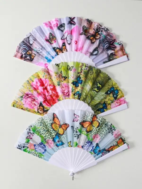 Веер пластик, текстиль Веер пластик, текстиль "Бабочки и цветы на леопарде" МИКС 23 см