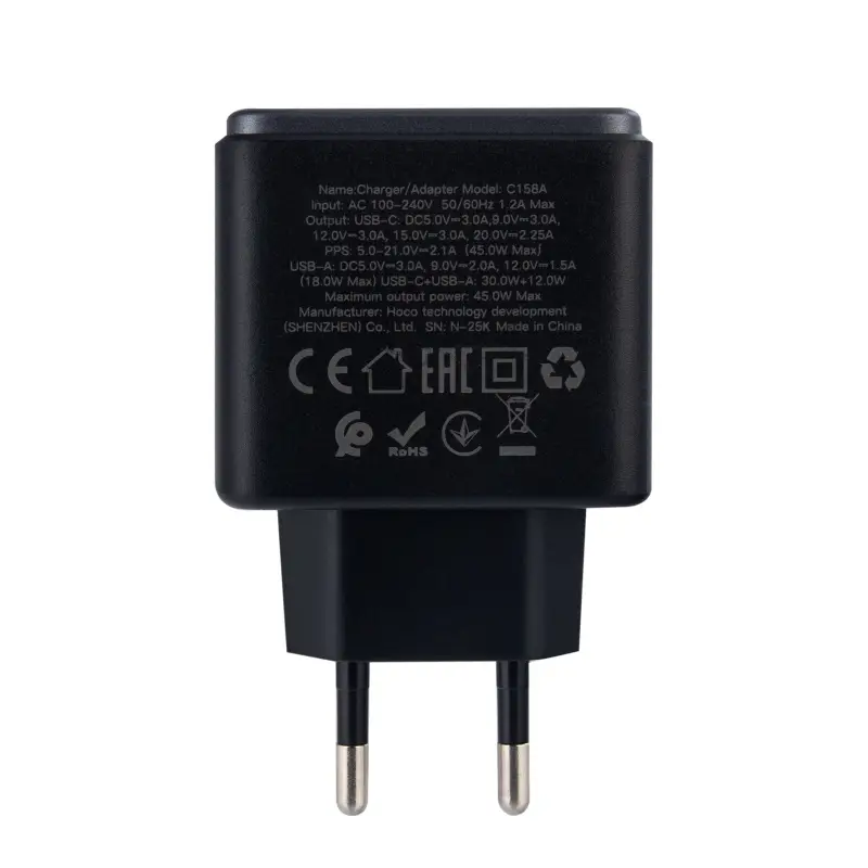 Сетевое зарядное устройство с кабелем Type-C на Type-C PD45W + USB QC3.0 C158A  HOCO черное