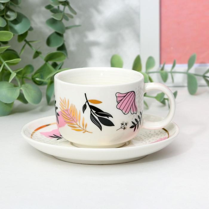 Кофейная пара из керамики «Цветы», 140 мл, цвет белый Кофейная пара из керамики «Цветы», 140 мл, цвет белый