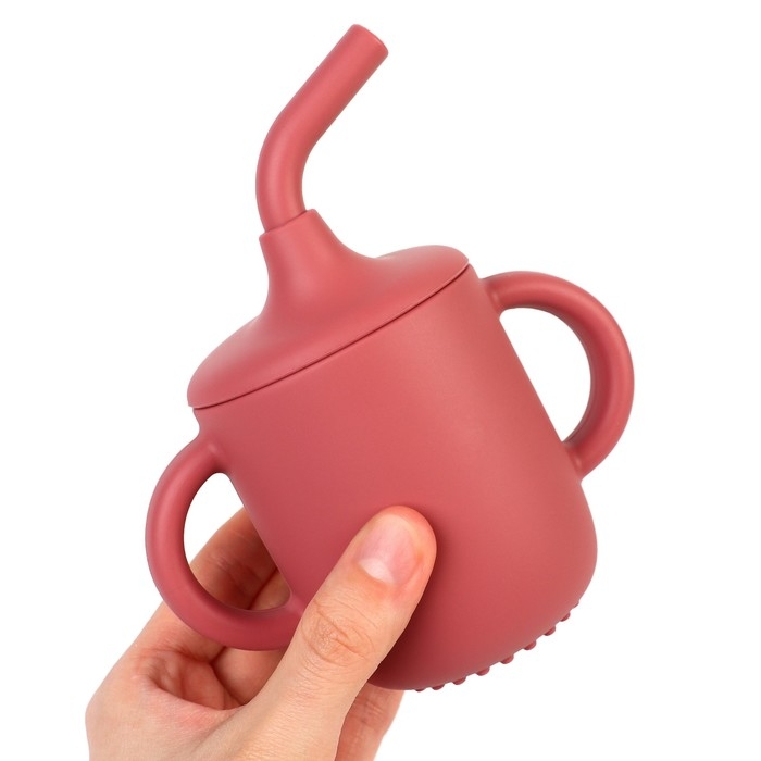 Поильник с трубочкой детский силиконовый «Try again», 200 мл., с ручками, цвет вишневый Поильник с трубочкой детский силиконовый «Try again», 200 мл., с ручками, цвет вишневый