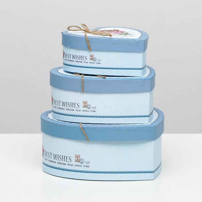 Набор коробок 3 в 1 сердца  Набор коробок 3 в 1 сердца "Розы" голубой, 21 х 19 х 9 - 15.5 х 14 х 6 см