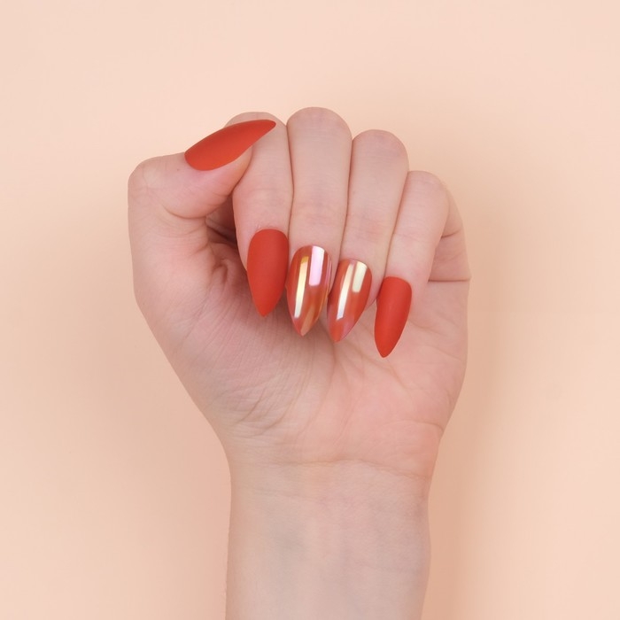 Накладные ногти, 24 шт, с клеевыми пластинами, форма миндаль, матовый/голография, цвет коралловый Накладные ногти, 24 шт, с клеевыми пластинами, форма миндаль, матовый/голография, цвет коралловый