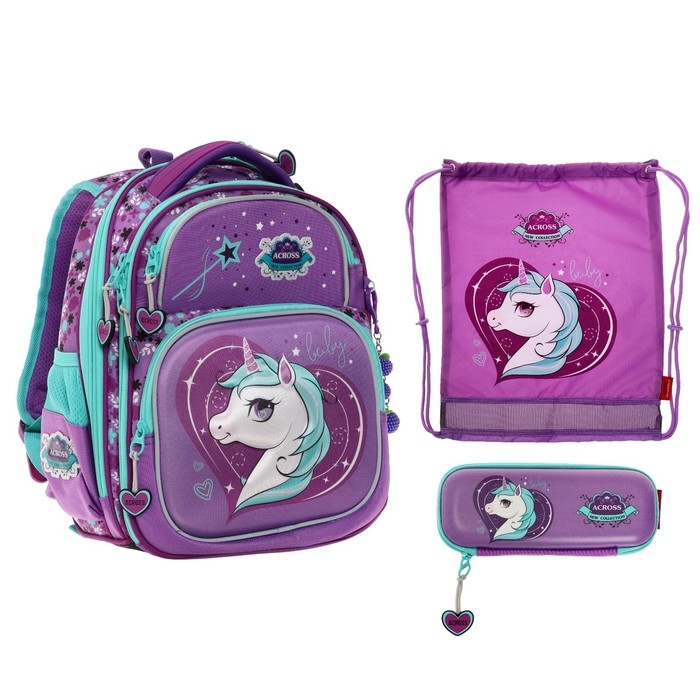 Рюкзак каркасный 35 х 28 х 15 см, Across, наполнение: мешок, пенал, брелок, фиолетовый Рюкзак каркасный 35 х 28 х 15 см, Across, наполнение: мешок, пенал, брелок, фиолетовый