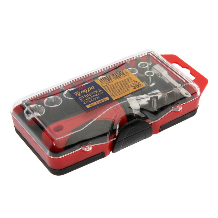 Отвертка с набором бит и головок ТУНДРА, реверсивная, 2К рукоятка, в кейсе, 26 предметов Отвертка с набором бит и головок ТУНДРА, реверсивная, 2К рукоятка, в кейсе, 26 предметов