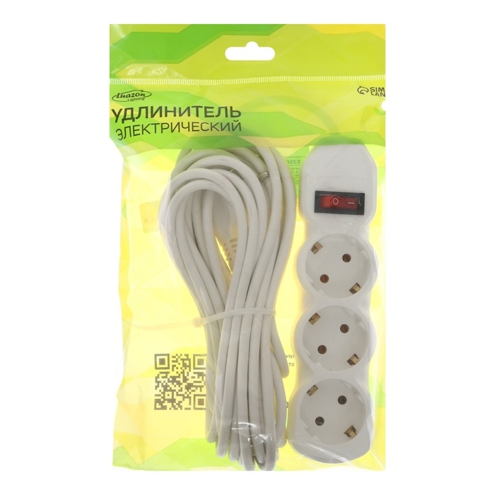 Удлинитель Luazon Lighting ECO, 3 розетки, 7 м, 10 А, 2200 Вт, ПВС 3х0.75 мм2, с з/к, с выкл Удлинитель Luazon Lighting ECO, 3 розетки, 7 м, 10 А, 2200 Вт, ПВС 3х0.75 мм2, с з/к, с выкл
