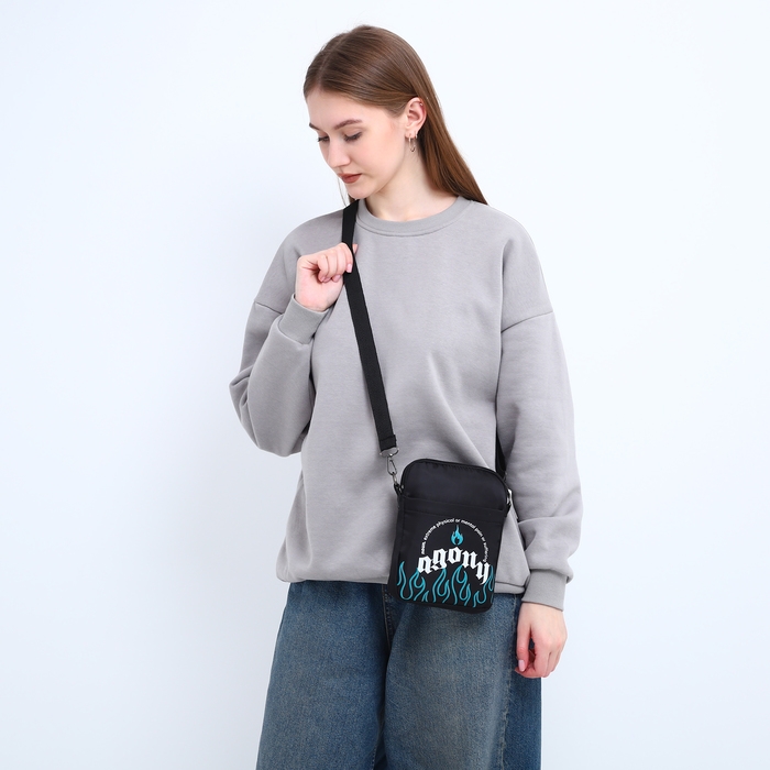Сумка молодёжная на длинном ремне Agony, 20 х 15 х 3 см, отдел на молнии, цвет чёрный Сумка молодёжная на длинном ремне Agony, 20 х 15 х 3 см, отдел на молнии, цвет чёрный