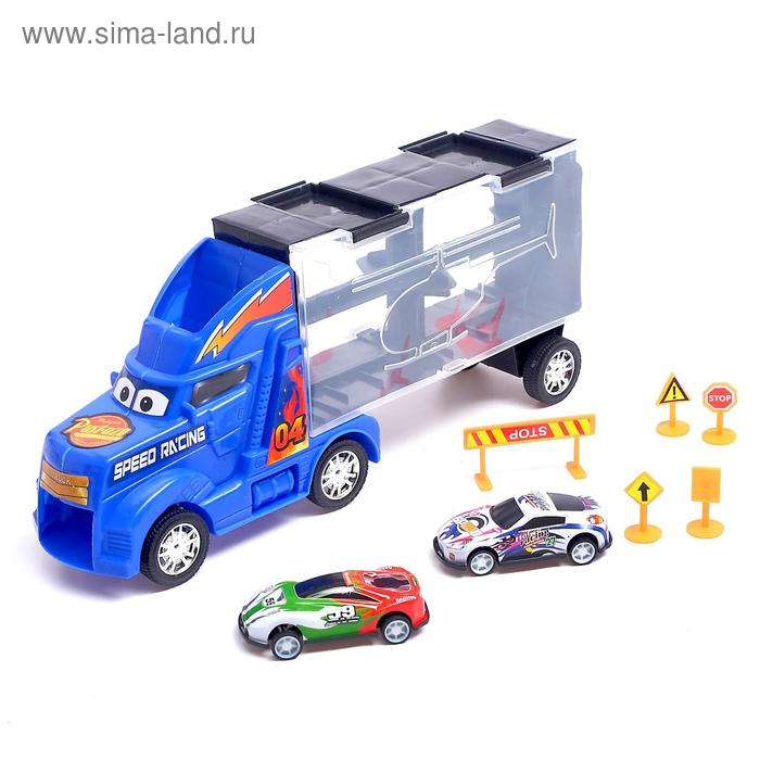 Гараж детский «Грузовик «Перевозчик», 2 металлические машинки и дорожные знаки, МИКС Гараж детский «Грузовик «Перевозчик», 2 металлические машинки и дорожные знаки, МИКС