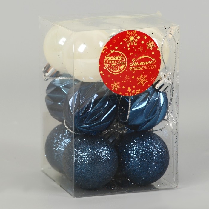 Набор шаров пластик d-4 см, 12 шт Набор шаров пластик d-4 см, 12 шт "Мелодия" грани блеск, белый синий