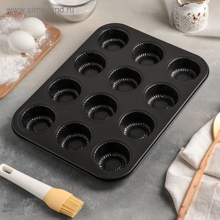 Форма для выпечки Доляна «Пудинг», 35×27×3 см, 12 ячеек, антипригарное покрытие, цвет чёрный Форма для выпечки Доляна «Пудинг», 35×27×3 см, 12 ячеек, антипригарное покрытие, цвет чёрный