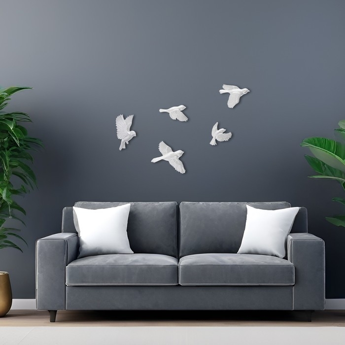 Декорация настенная, гипсовое панно Декорация настенная, гипсовое панно "Птицы", 5 шт, серебристые