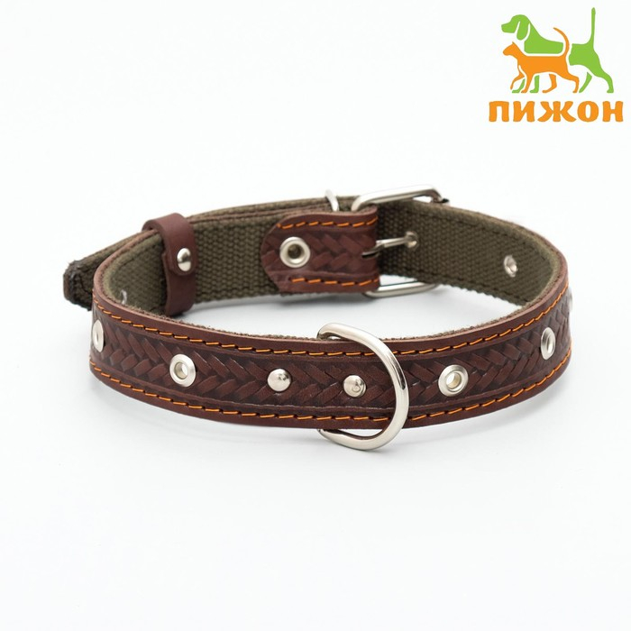 Ошейник комбинированный безразмерный, кожа/брезент, 60х3 см, ОШ 30-57 см, коричневый/зелёный Ошейник комбинированный безразмерный, кожа/брезент, 60х3 см, ОШ 30-57 см, коричневый/зелёный