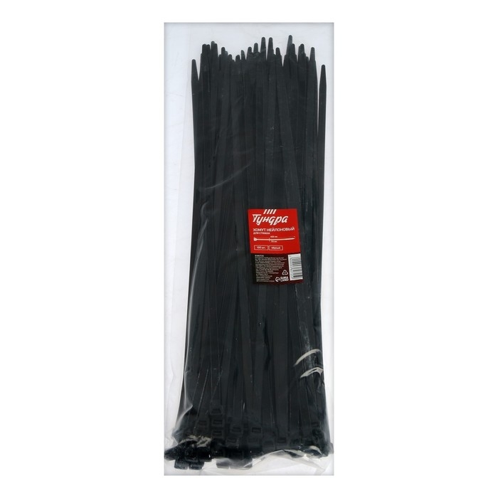 Хомут нейлоновый пластик ТУНДРА krep, для стяжки, 7.6х400 мм, черный, в уп. 100 шт Хомут нейлоновый пластик ТУНДРА krep, для стяжки, 7.6х400 мм, черный, в уп. 100 шт
