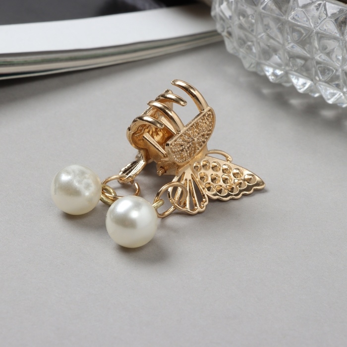 Краб для волос Краб для волос "Милада" белые бусинки, 2,5 см, золото